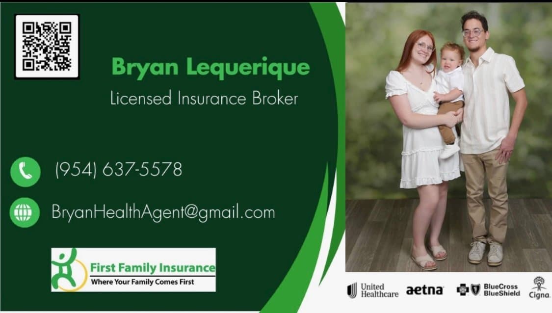 Bryan Lequerique, Licensed Insurance Broker. Business card with phone, email and carrier logos.